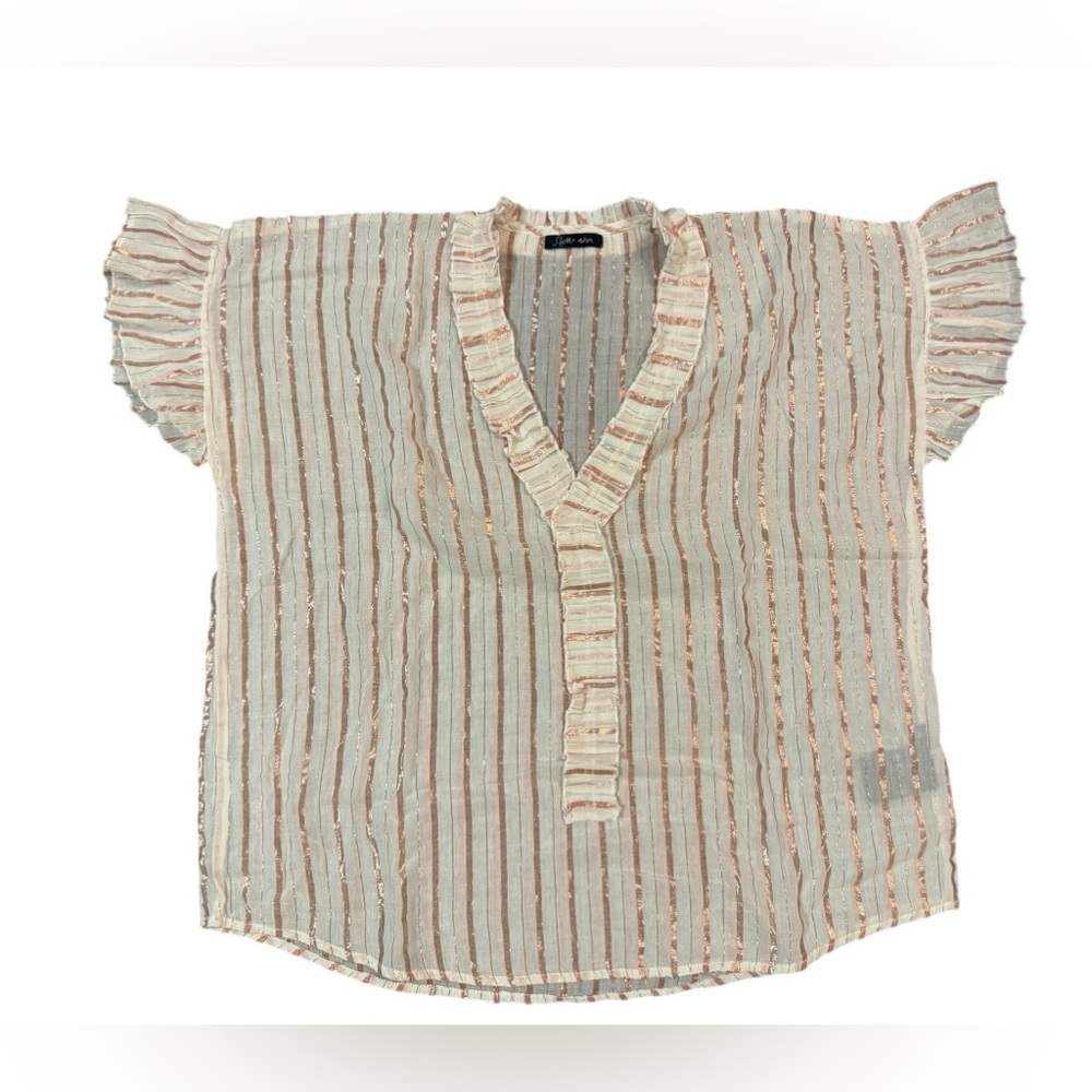 Stella Nova Metallic Pink/ Rose Gold Striped Ruffle Blouse, Sheer Size Medium